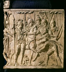 Reliëf van een Sarcofaag die de Onderwerping van een Barbaar aan een Romeinse Troep Afbeeldt